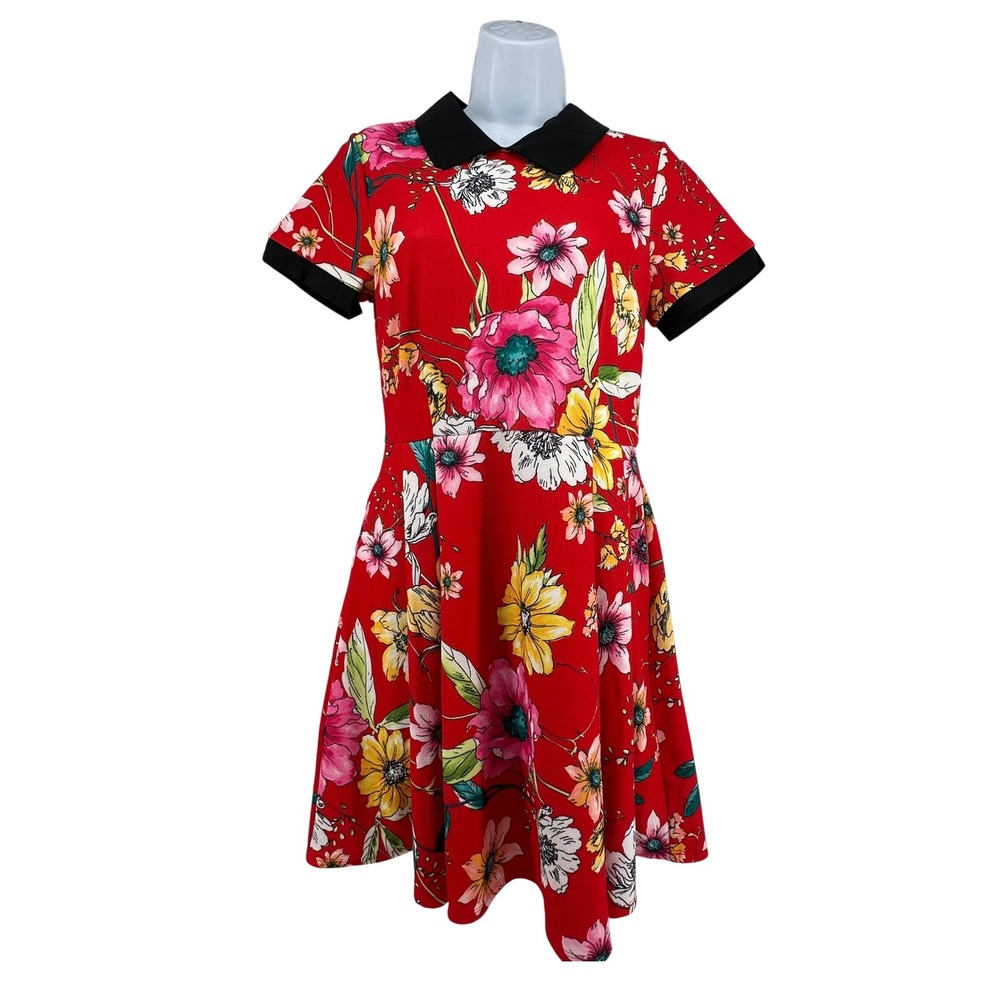 Smak Parlour Floral Fit & Flare Dress M Red Collared Pinup Rockabilly Mod‎ Indie